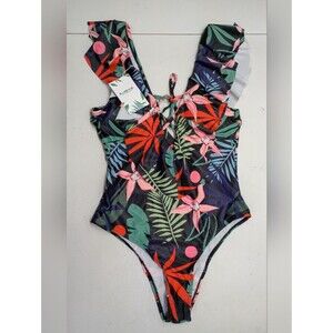 Eomenie Tropical Print One-piece Swimsuit Women's Sz L Padded Criss Cross Front